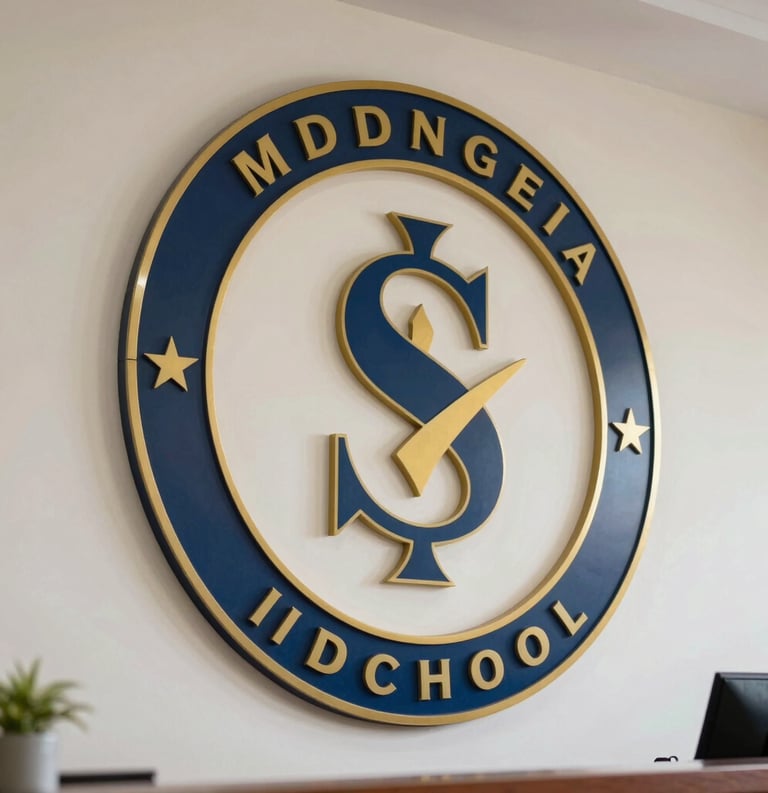 Close-up of a school logo on a wall, elegantly designed with navy blue and gold colors, in a brightly lit reception area of an Indonesian school.