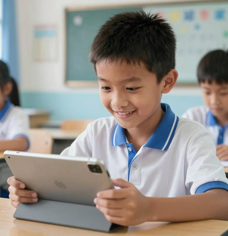 A close-up photograph of a Southeast Asian elementary student in a clean, bright classroom, smiling while looking at a tablet during a modern lesson. The background shows soft blue and white school decor.