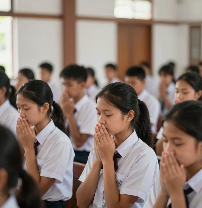 A serene photography of Southeast Asian students in school uniforms during a collective quiet morning prayer session in a clean, elegant hall with natural wooden accents.