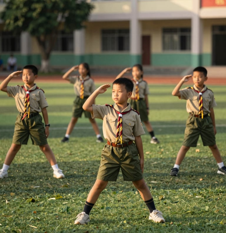 A vibrant photograph of Southeast Asian children in scout uniforms practicing outdoor activities in a green school yard, warm golden hour lighting, professional composition.