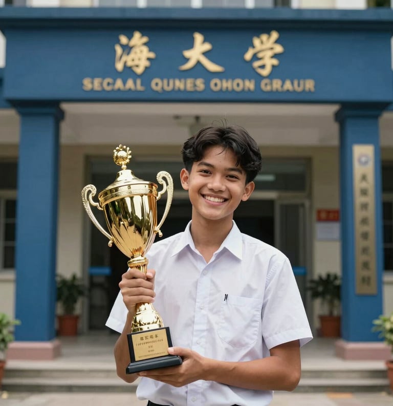 A heartwarming photo of a Southeast Asian student in a white school uniform holding a gold trophy with a wide smile, standing in front of the elegant navy blue school entrance.