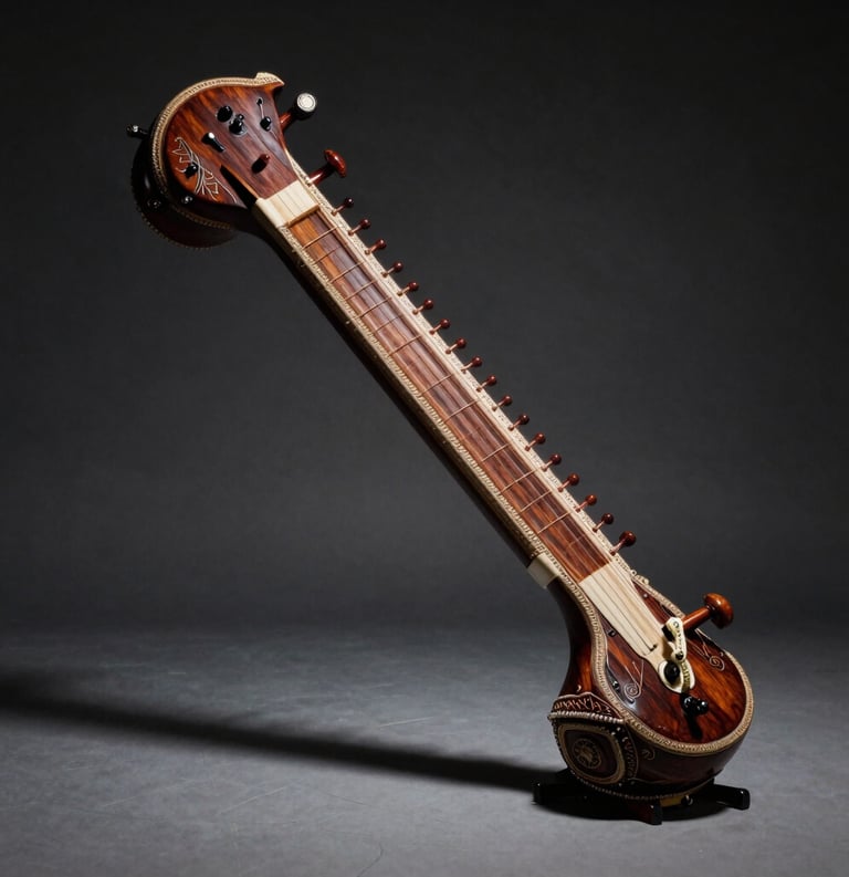 A beautifully lit Sitar resting on a minimalist stand in a dark, luxury studio room, shadows emphasizing the intricate woodwork, South Asian / Indian cultural aesthetic, high-end photography.