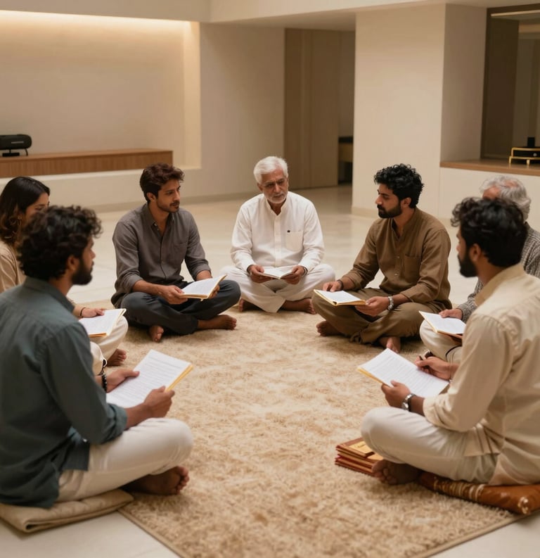 A small group of musicians sitting on a clean, beige rug in a modern minimal room, engaged in a deep cultural discussion with manuscripts, South Asian / Indian setting, warm gold lighting.