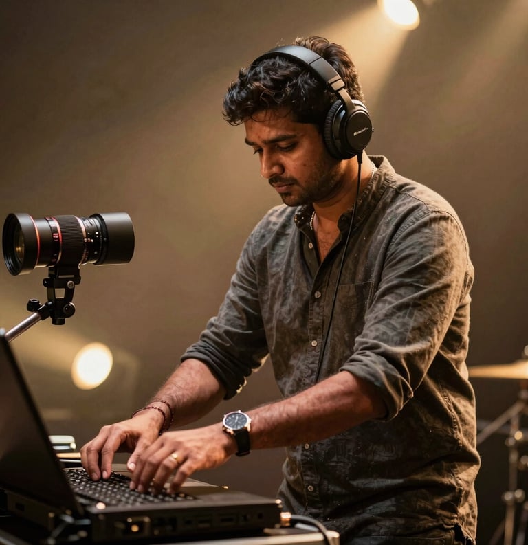 A professional musician adjusting their setup on a dimly lit, high-end stage with soft gold spotlights, South Asian / Indian context, artistic and emotionally engaging photography.