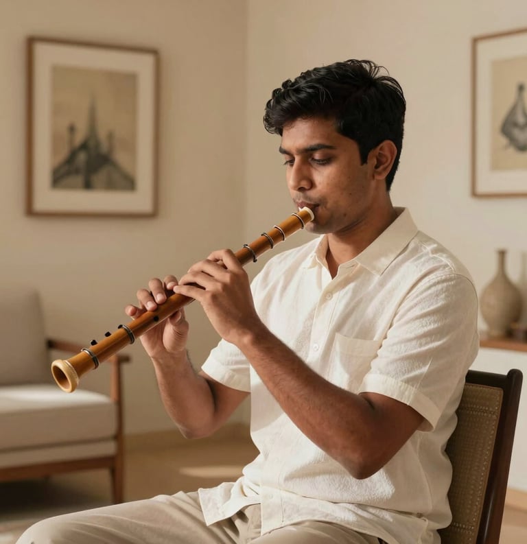 A lifestyle shot of a South Asian / Indian student playing a bamboo flute in a sunlit, warm beige room with minimalist furniture and a luxury artistic atmosphere.