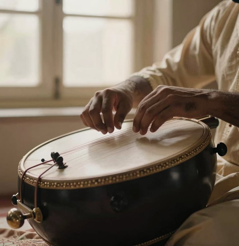 A close-up photograph of hands gracefully tuning a traditional Tanpura, soft morning light filtering through a window, South Asian / Indian setting, warm beige and charcoal black tones, luxurious artistic style.
