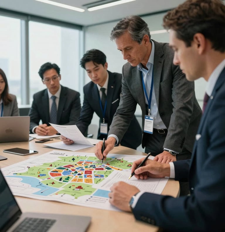 A professional North American / US boardroom setting where strategic planners are looking over community maps and documents, high-end photography, sophisticated lighting, representing responsible resource management.