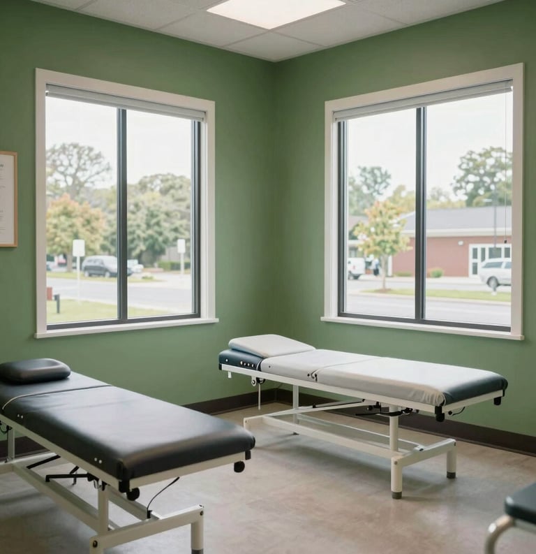 An interior shot of a clean and modern North American / US community wellness center, with leaf green walls and large windows, exuding a sense of tranquility and professional medical care.