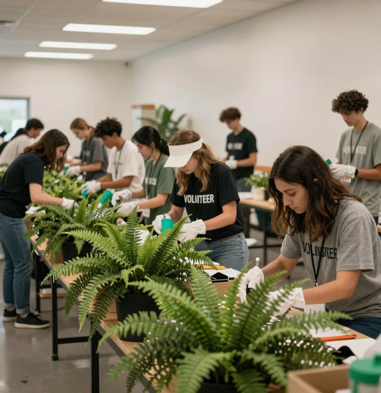 Action shot of people volunteering at a clean, well-organized community center in North America, with fern green and white decor elements.