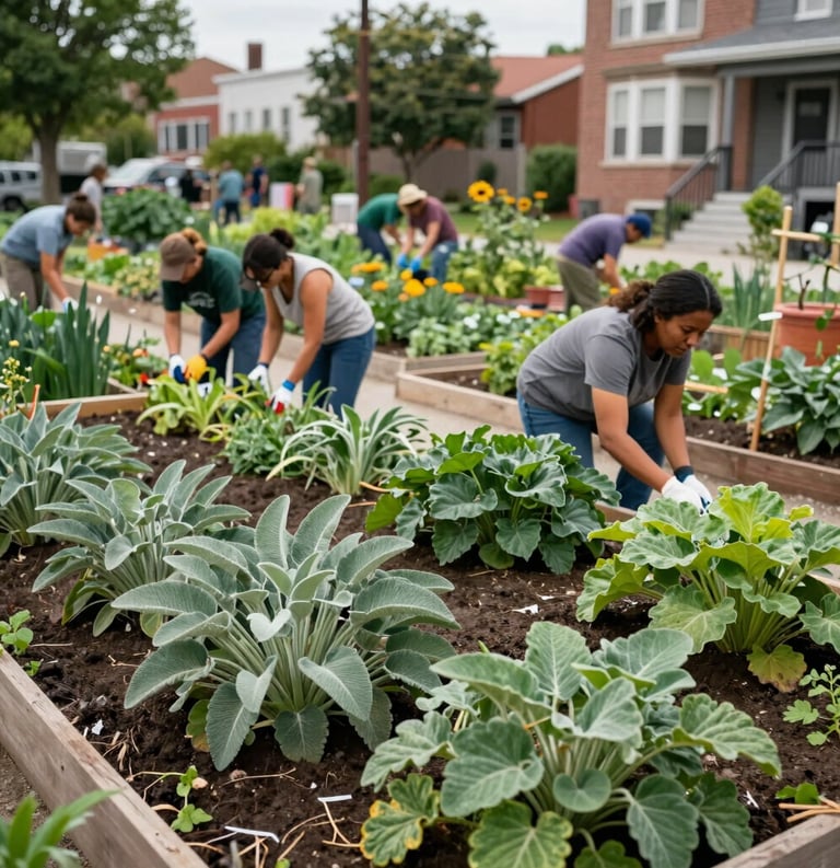 A wide photography shot of a collaborative community garden in a North American / US urban neighborhood, community members working together, vibrant sage and leaf green vegetation, symbolizing resilience and strength.