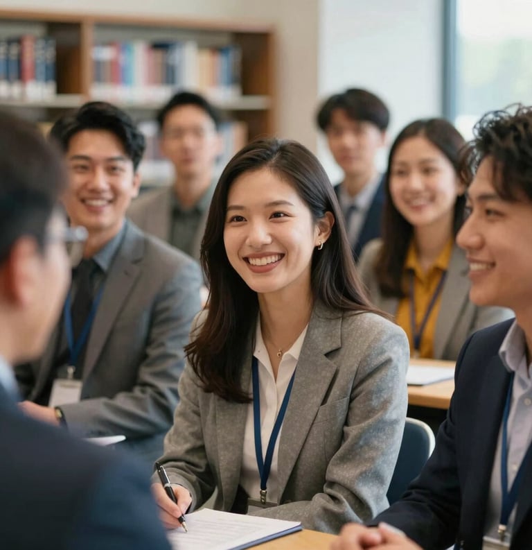 A close-up of a diverse group of North American / US young adults in a library setting, smiling and engaged in a mentorship session, soft morning light, sophisticated and scholarly atmosphere.