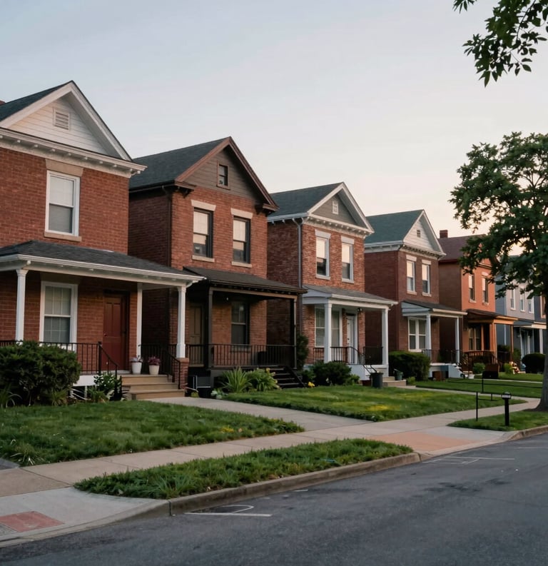 A wide shot of a classic Detroit residential street with well-maintained brick houses and green lawns, representing a safe and supportive community environment, soft evening light.