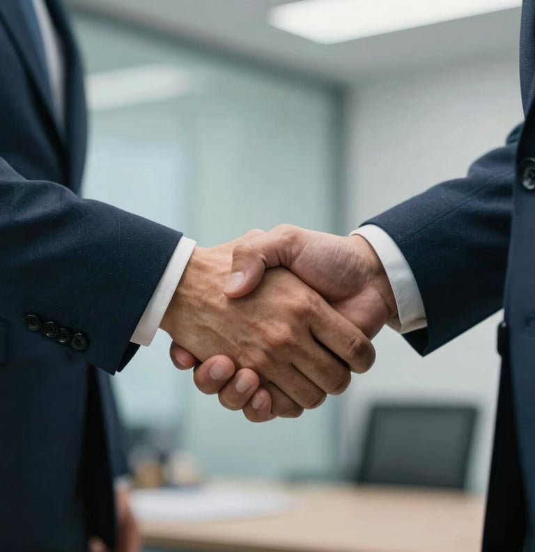 A close-up of two people shaking hands in a North American / US (Detroit, Michigan) office setting, wearing professional attire in muted blue and teal, conveying trust and partnership.