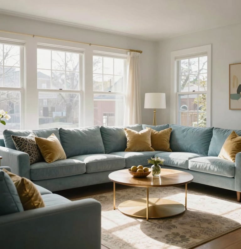 A bright, clean, and airy residential living room in a North American / US (Detroit, Michigan) home, featuring soft muted blue cushions and warm gold accents, natural sunlight streaming through large windows, photography style.