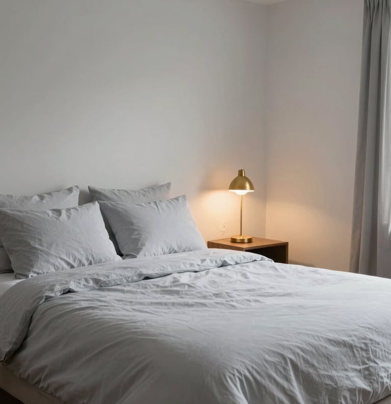 A tidy and minimalist bedroom in a Detroit recovery residence, featuring crisp light gray bedding and a warm gold lamp, evoking a sense of calm and order, professional photography.