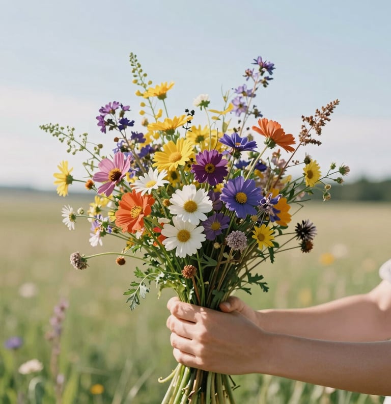 A close-up of hands holding a vibrant bouquet of seasonal wildflowers in a sun-drenched North American meadow, soft lighting, modern and clean composition.