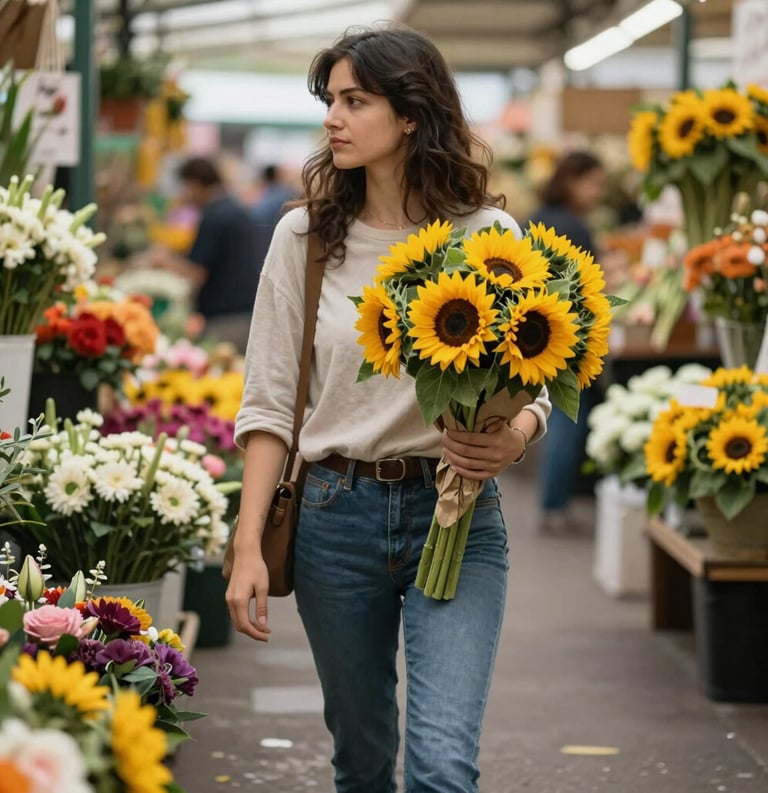 A North American individual walking through a colorful flower market, holding a paper-wrapped bunch of bright sunflowers, soft natural light, clean aesthetic.
