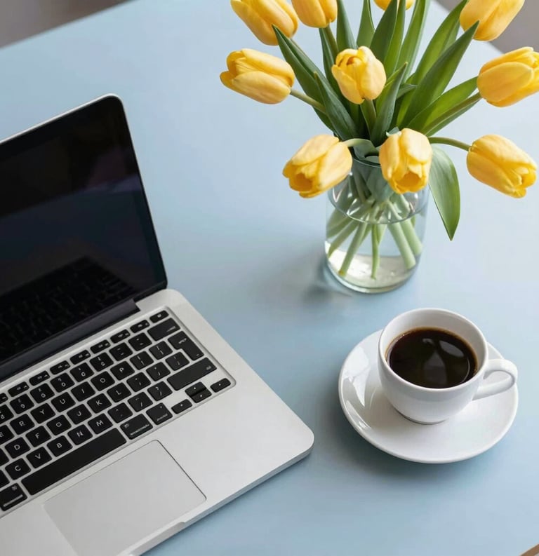 A modern flat-lay of a laptop, a cup of coffee, and a fresh vase of tulips on a clean, soft-blue desk surface, high-key lighting, North American office.