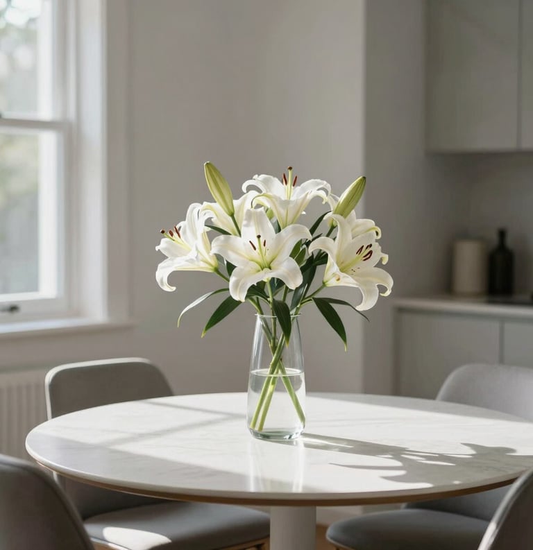 A clean, modern North American residential interior featuring a minimalist dining table with a single glass vase of white lilies, bright morning light.