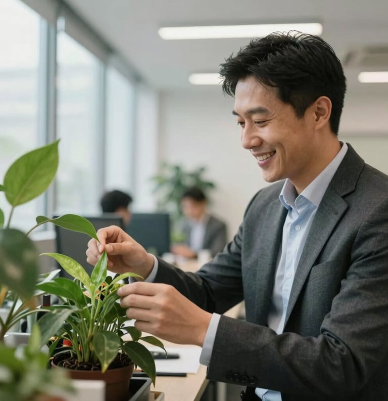 A professional consultant smiling while examining healthy green plants in a bright, modern North American office, airy and inspiring atmosphere.
