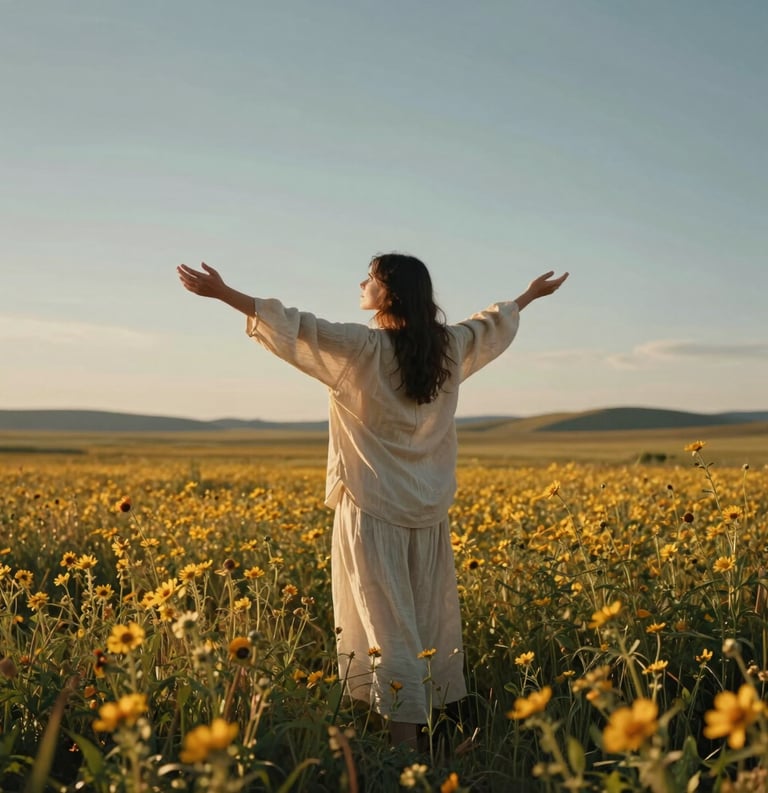 Photography of a person standing in a wide, sun-drenched wildflower field in North America / US, arms outstretched toward the sky, wearing flowing off-white linen garments, warm golden hour lighting, feeling of freedom and renewal.