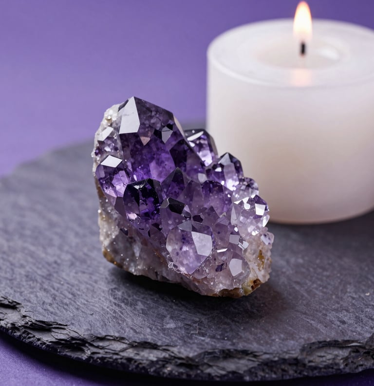 A macro photograph of an amethyst crystal cluster and a white candle on a dark purple stone plate. Ethereal, soft lighting creates a spiritual and calming atmosphere. North American / US context.