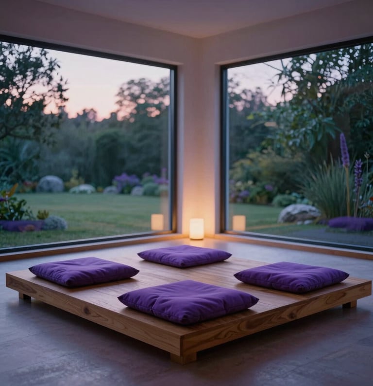 Photography of a minimalist meditation room at dusk, featuring a low wooden platform with plush purple cushions, a soft glow of lavender light from hidden lamps, large window overlooking a calm North American / US garden, ethereal and still.