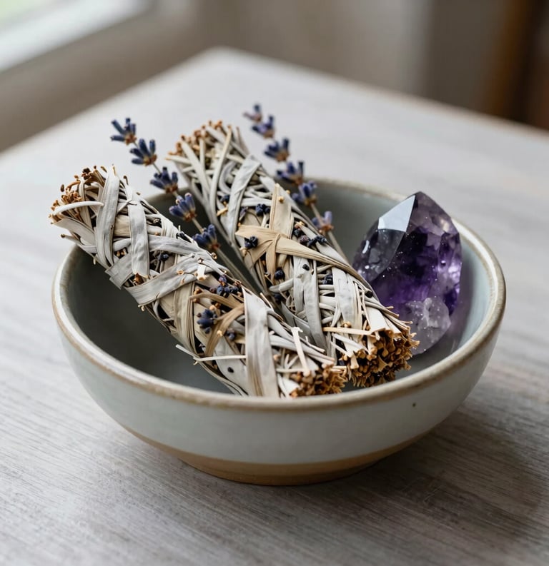 Photography of a ceramic bowl containing white sage bundles, dried lavender, and a polished amethyst crystal on a light grey wooden table, North American / US sanctuary setting, soft natural morning light, serene atmosphere.