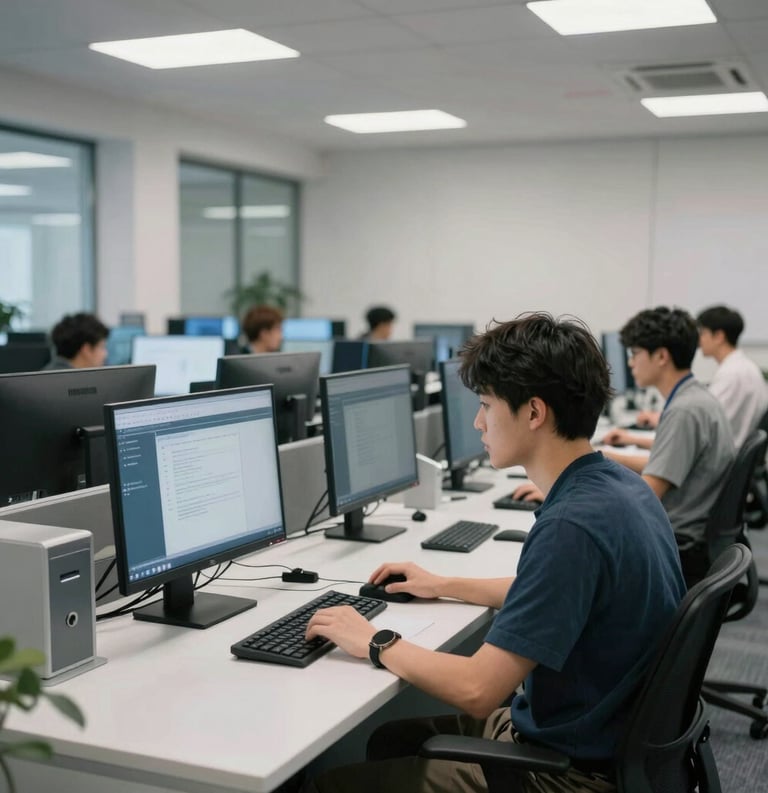 A clean, modern technology hub in North America with high-end computer stations and a bright, focused atmosphere of innovation and learning.