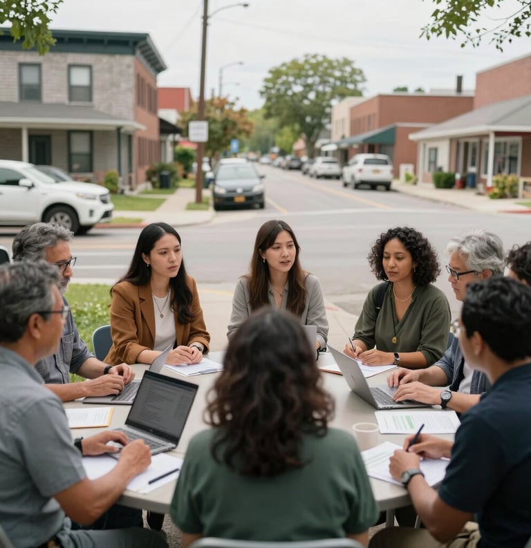 A group of diverse community members in a North American urban neighborhood gathering together for a collaborative planning meeting, hopeful and professional atmosphere.