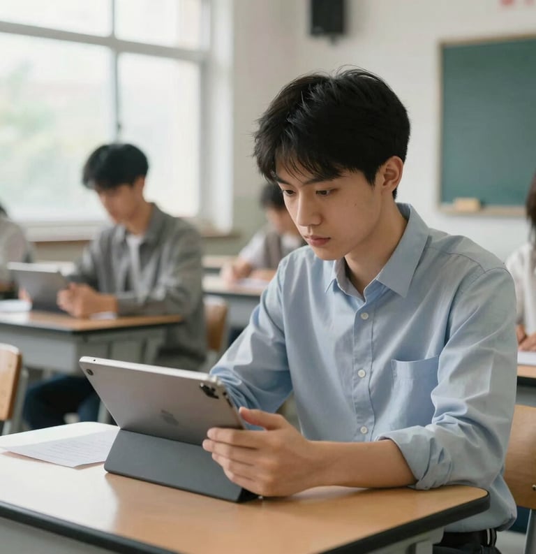 A focused young adult in a modern North American classroom, using a digital tablet for vocational training, soft natural light through a window, clean professional setting.