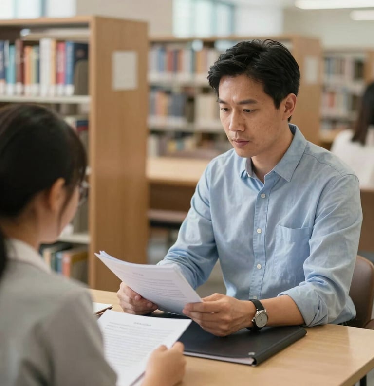 A professional mentor sitting with a student in a bright North American library, reviewing educational materials, conveying reliable expertise.