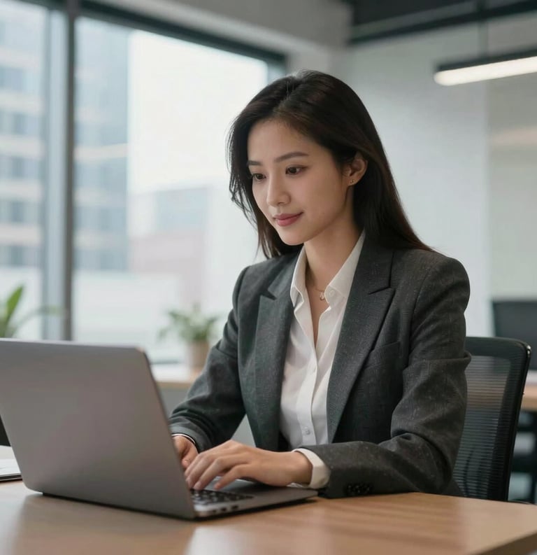 A confident business owner in a bright, modern office space in a North American city, looking at a laptop with a professional and hopeful expression.