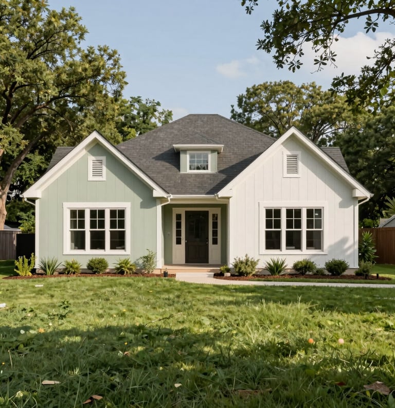 A tranquil photography shot of a modern ranch-style home exterior in a North Houston suburb during a bright, sunny morning. The house has pale sage green accents and is surrounded by lush green lawns and native North American trees. The scene is calm and hopeful.