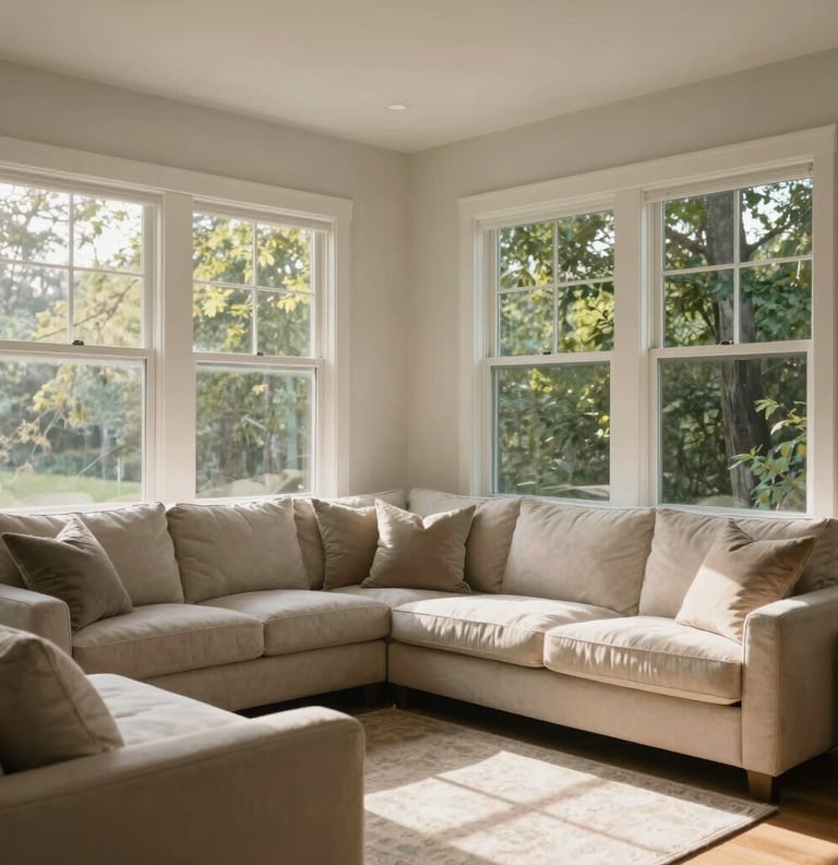 An interior photograph of a sunlit living area with clean, light-colored furniture and large windows overlooking a green forest at dawn. The lighting is soft and natural, reflecting a serene and clean North American home aesthetic.