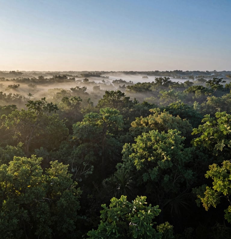 A wide landscape of a Texas forest at dawn, with misty green trees and soft blue sky, peaceful and tranquil, photography.