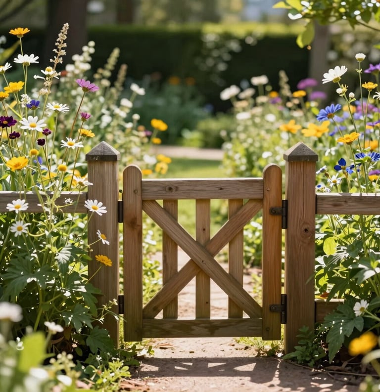 A hopeful outdoor photograph of a small wooden gate opening into a lush, sun-drenched garden with North American wildflowers. The light is bright and welcoming, symbolizing a path to a new life.