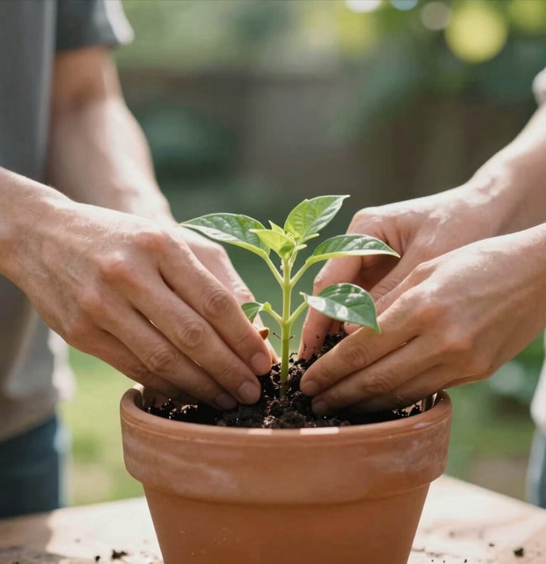 A close-up photograph of a pair of hands gently tending to a small green plant in a terracotta pot. Soft sunlight filters through leaves in a peaceful North American backyard setting. The mood is supportive and grounding.