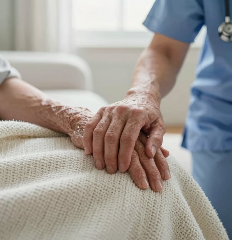 North American / US setting. A detailed close-up of a caregiver's hand gently holding a senior resident's hand on a soft, knitted blanket. Natural, soft morning light fills the room, creating a mood of compassionate professionalism and trust. Palette colors like white-ish and soft blue-grey are visible in the fabrics.