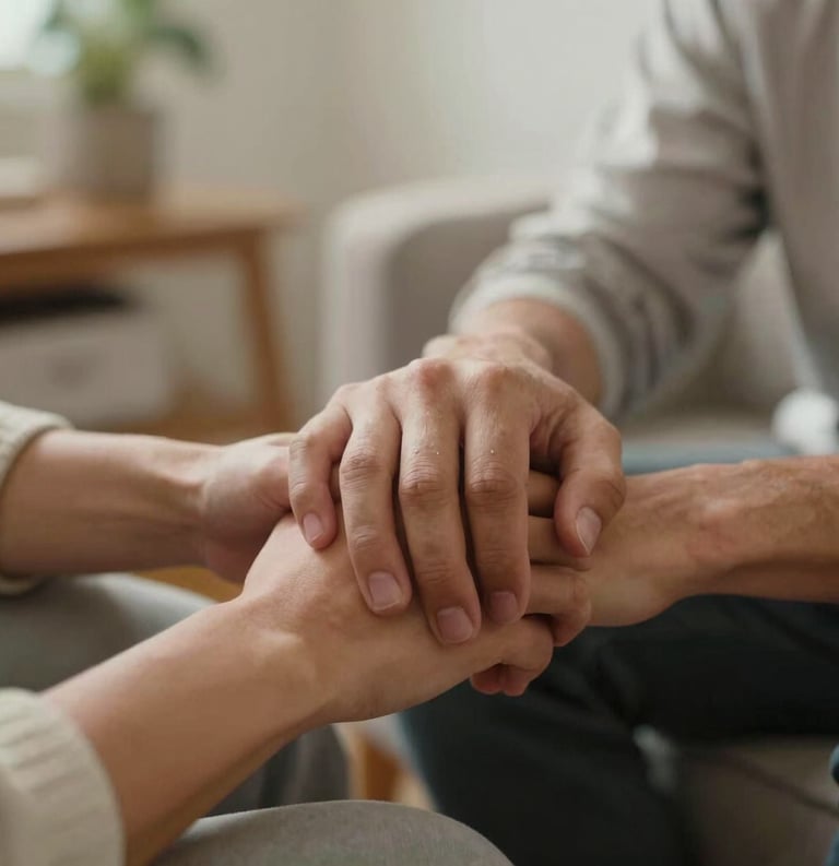 Close-up photography of two people holding hands in a compassionate gesture within a peaceful North American home setting, emphasizing trust and connection, warm soft lighting.