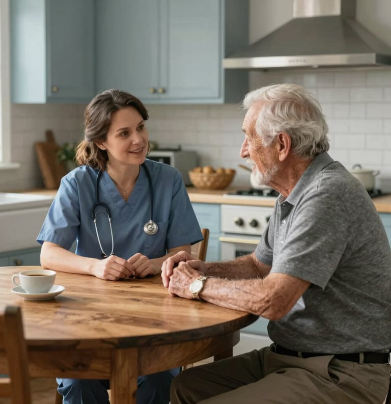 North American / US residential setting. A kind caregiver and a senior resident sitting together at a wooden table in a sunlit kitchen, sharing a moment of quiet conversation. The setting is intimate and warm, emphasizing dignity and expert support, with soft blue-grey and white-ish decor.