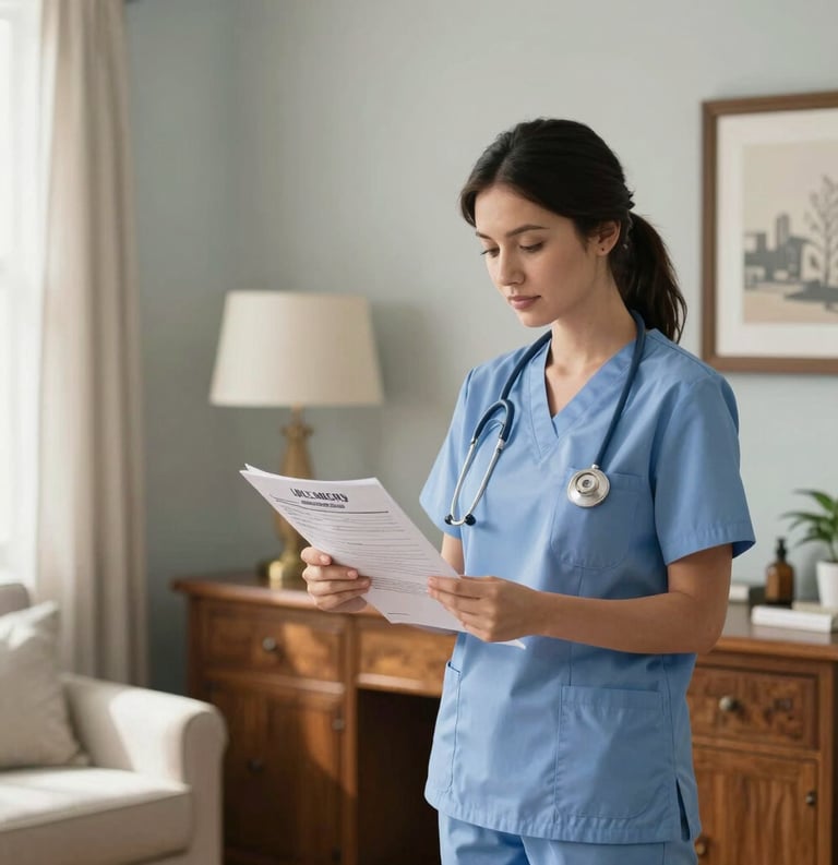 North American / US residential medical setting. A professional nurse practitioner in clean, casual-professional attire reviewing medical charts in a bright, sunlit home office with sophisticated wooden furniture. The lighting is inviting and trustworthy, featuring soft blue-grey and white-ish walls.