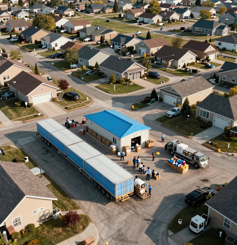Professional aerial view of a relief distribution point in a North American suburban community, organized and calm, morning sunlight, light blue accents.
