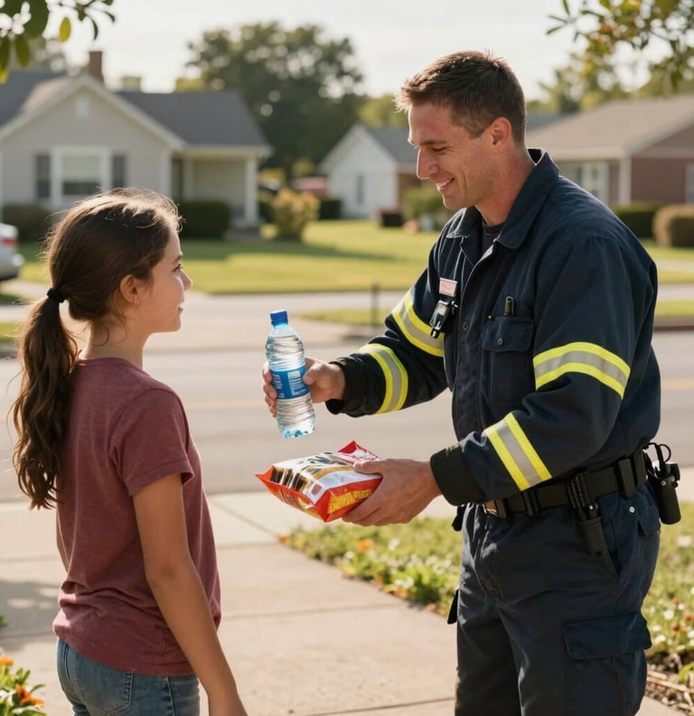 A professional emergency responder in a dark blue uniform handing a bottle of water and a meal package to a family in a North American suburban neighborhood after a storm, warm afternoon sunlight, compassionate and hopeful atmosphere.