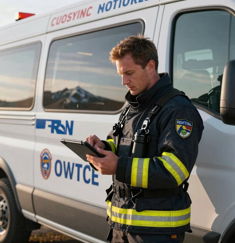 A professional rescue coordinator standing by a response vehicle with official branding, looking at a tablet with a map, North American mountain landscape in the background, sharp focus, morning lighting, reflecting trustworthiness.
