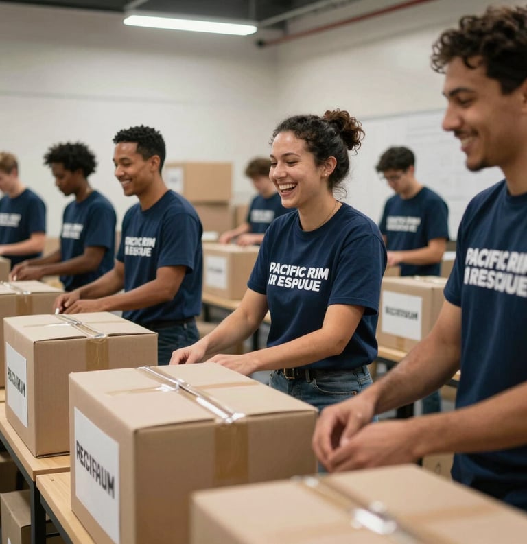 A diverse group of volunteers in North America wearing matching dark blue Pacific Rim Rescue t-shirts, laughing while packing humanitarian aid boxes in a bright, modern warehouse space, shallow depth of field, action-oriented.