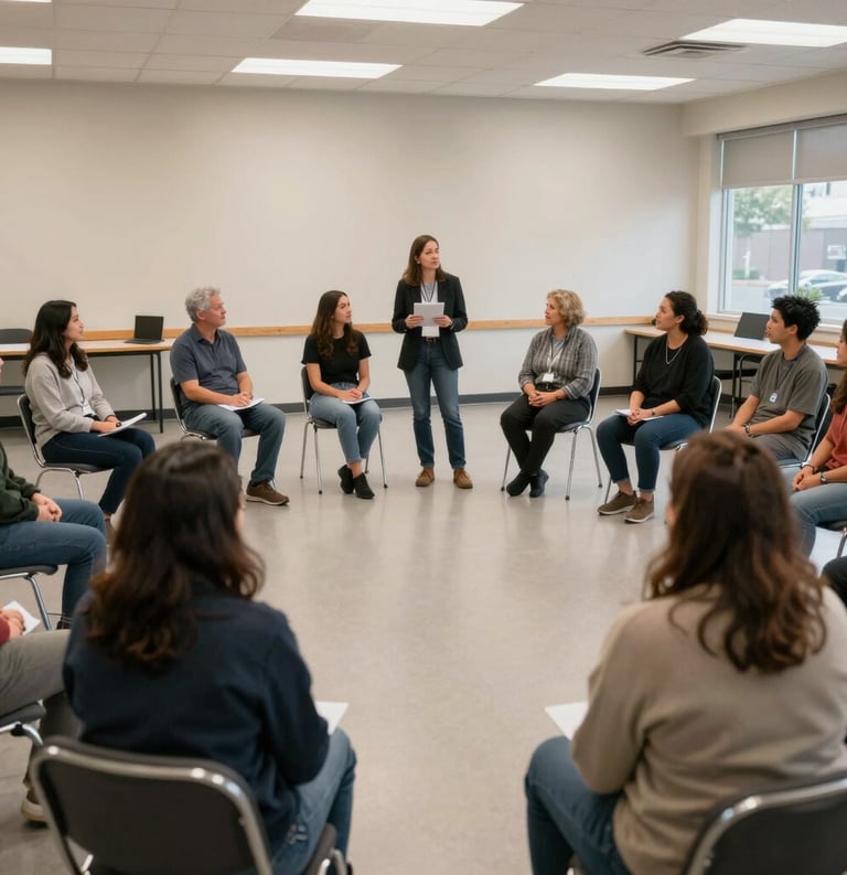 A group of North American community members sitting in a circle in a brightly lit community center in Issaquah, Washington, attending a safety workshop led by a professional instructor, clean and professional setting.
