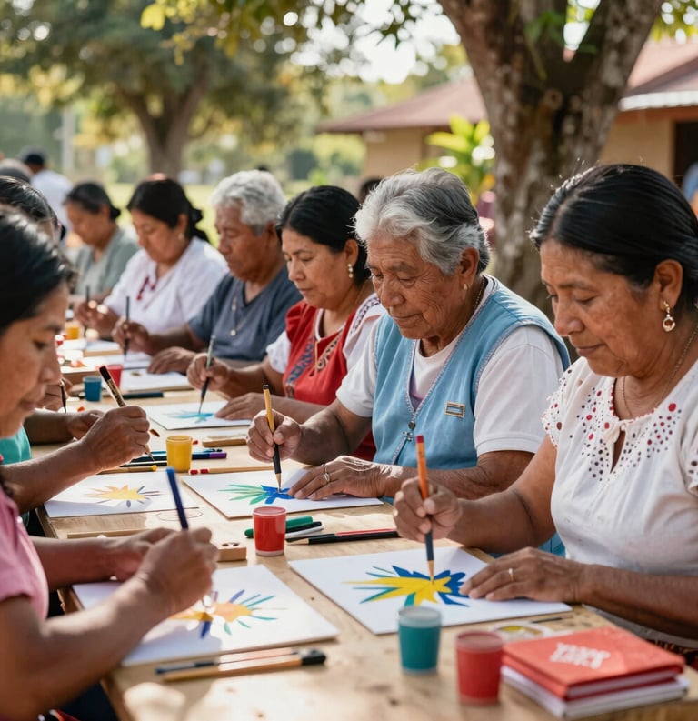 A vibrant photograph of a group of South American / Colombian seniors engaged in a traditional painting workshop outdoors, warm sunlight filtering through trees, capturing a sense of accomplishment and joy.