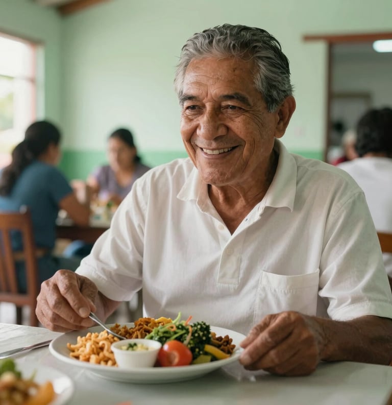 A close-up photograph of a South American / Colombian senior smiling warmly while being served a nutritious, colorful meal in a bright, clean community dining hall, soft morning light, muted green and off-white tones in the background.