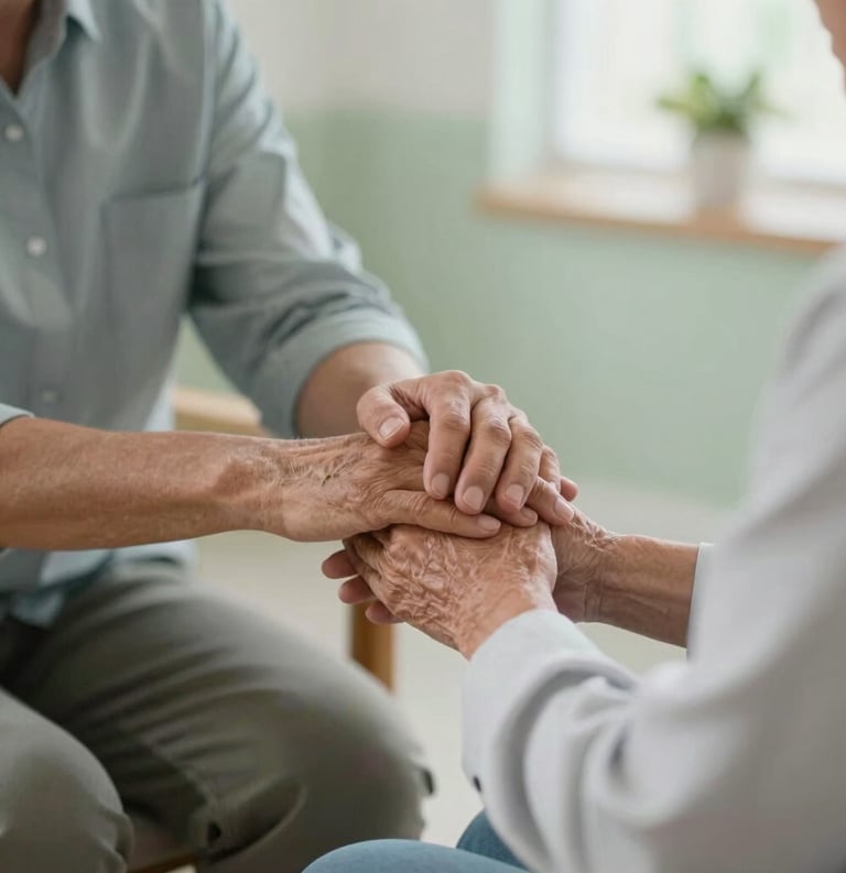 A professional and caring photograph of a counselor's hand gently resting on a South American / Colombian senior's hand in a bright, tranquil room, conveying trust and support, muted green and light gray color palette.